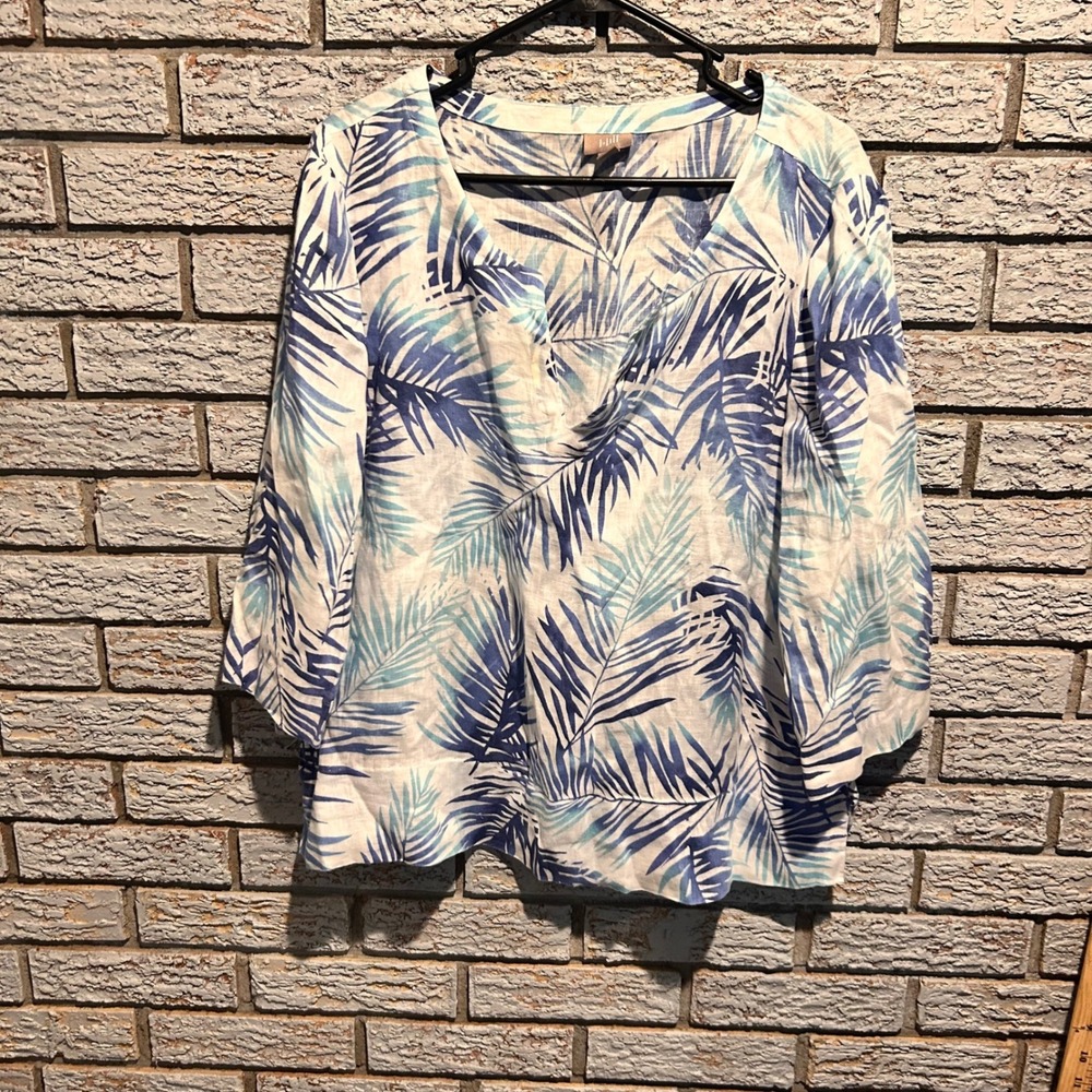 J. Jill 100% Linen Tropical Palm Print Split Neck Tunic Top Blue White Large